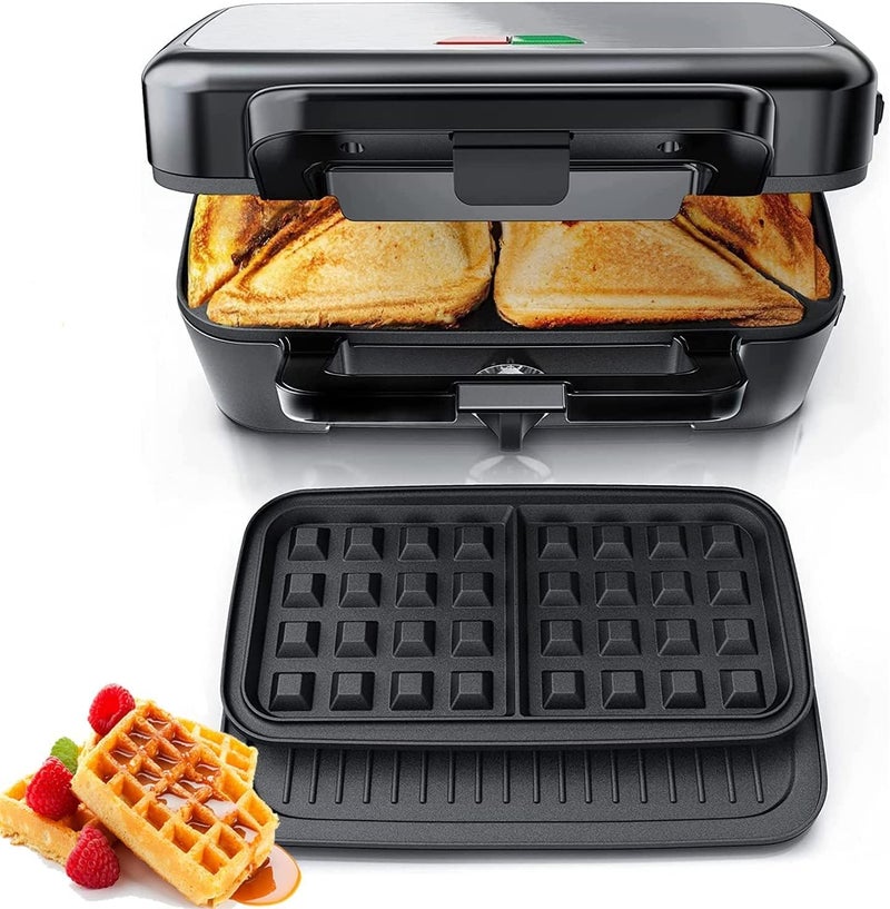 FOHERE Sandwich Maker 3 In 1 Waffle Maker With Removable Plates,1200W Grilled Cheese Maker, 5-gear Temperature Control, Non-stick Coating Easy to Clean, Indicator Lights, Silver/Black - Image 1